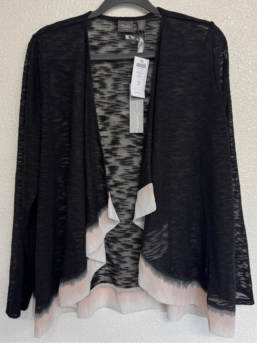 Chicos Travelers‎ Size 3 US XL Chiffon Trim Lightweight Open Front Cardigan